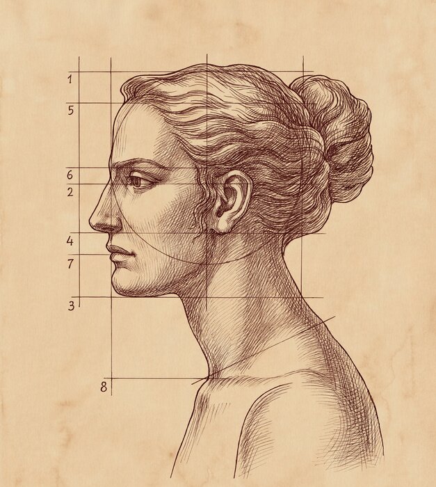 Poster  Un dessin du visage d'une femme et des lignes délimitant ses proportions