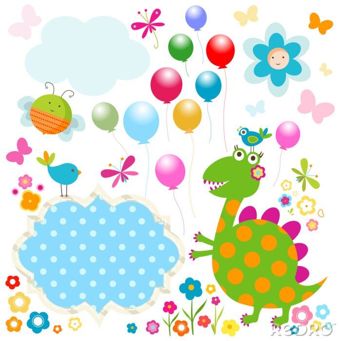 Poster  Un dinosaure coloré parmi des motifs joyeux arc-en-ciel