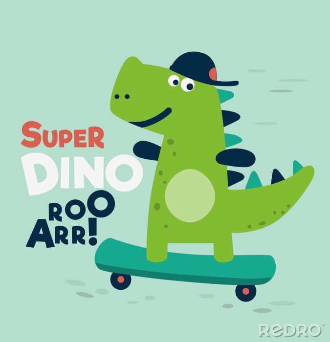 Poster  Un dinosaure dans une casquette de baseball sur une planche à roulettes