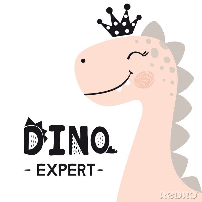 Poster  Un dinosaure rose avec une couronne à pois noirs