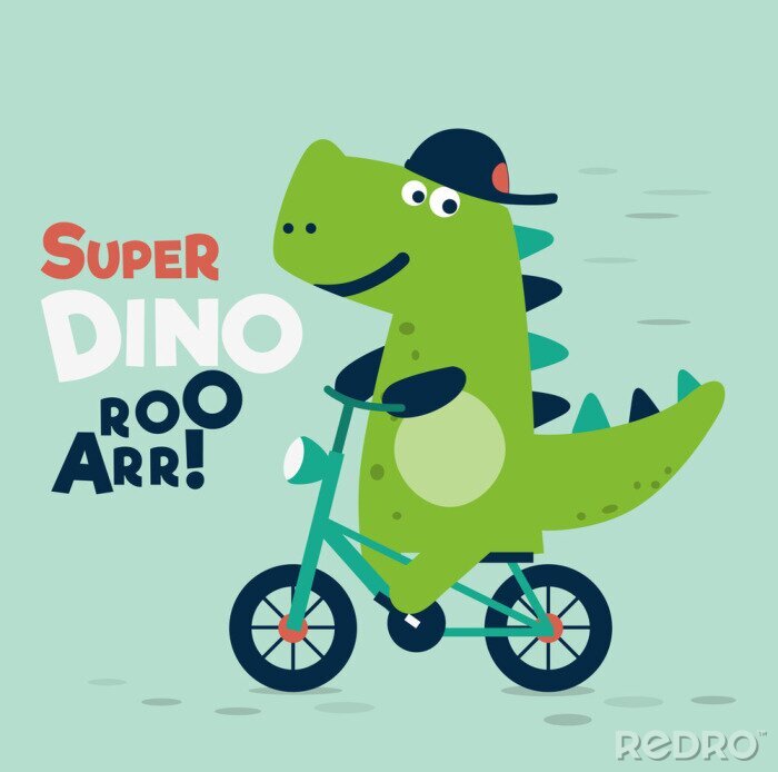 Poster  Un dinosaure souriant sur un vélo vert