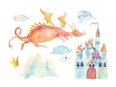 Poster  Un dragon survolant un château avec des tourelles
