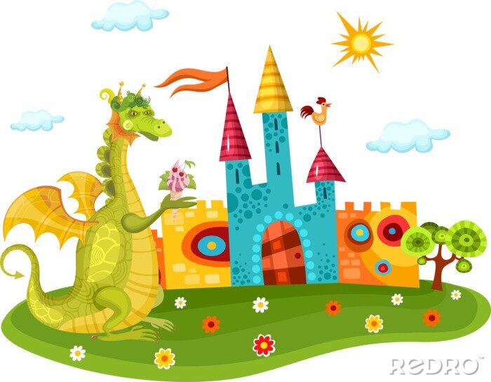 Poster  Un dragon vert vif à côté d'un château multicolore de conte de fées