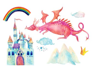 Poster  Un dragon volant vers le château et un arc-en-ciel