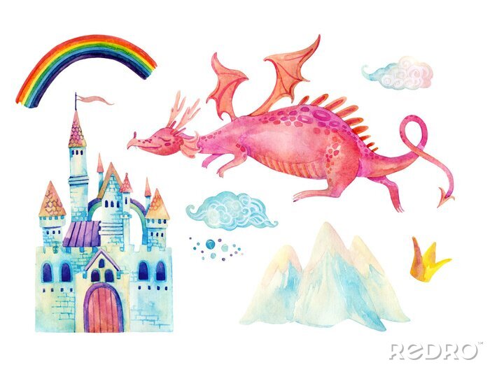 Poster  Un dragon volant vers le château et un arc-en-ciel