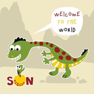 Poster  Un grand dinosaure accueillant un petit dinosaure dans le monde