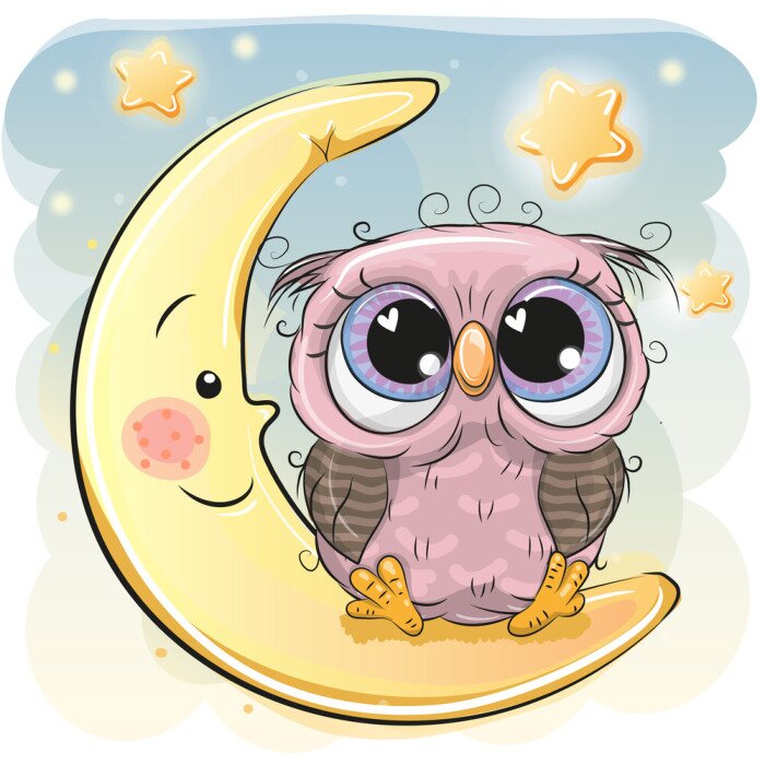 Poster  Un hibou assis sur une lune souriante