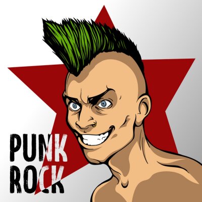 Poster  Un homme avec un mohawk vert sur le fond d'une étoile rouge et une inscription de punk rock