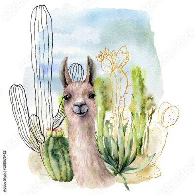 Poster  Un lama avec des cactus en arrière-plan