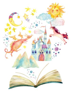 Poster  Un livre ouvert et des personnages de contes de fées qui en sortent