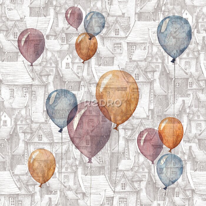 Poster  Un modèle sans couture avec une illustration aquarelle de ballons et une vieille ville sur le fond. Toits, maisons en briques européennes et ballons volants - conte de fées romantique.