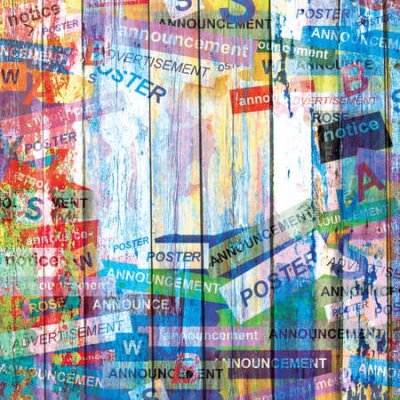 Poster  Un motif avec des panneaux recouverts de slogans colorés