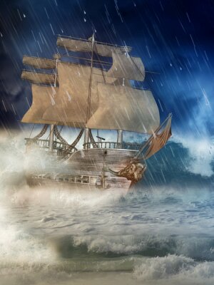 Poster  Un navire avec des voiles et une averse