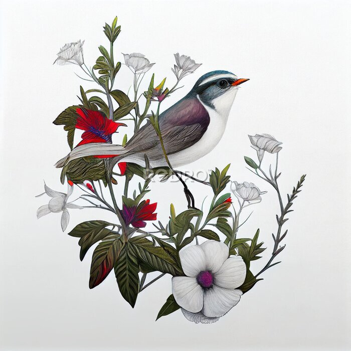 Poster  Un oiseau parmi les branches de fleurs