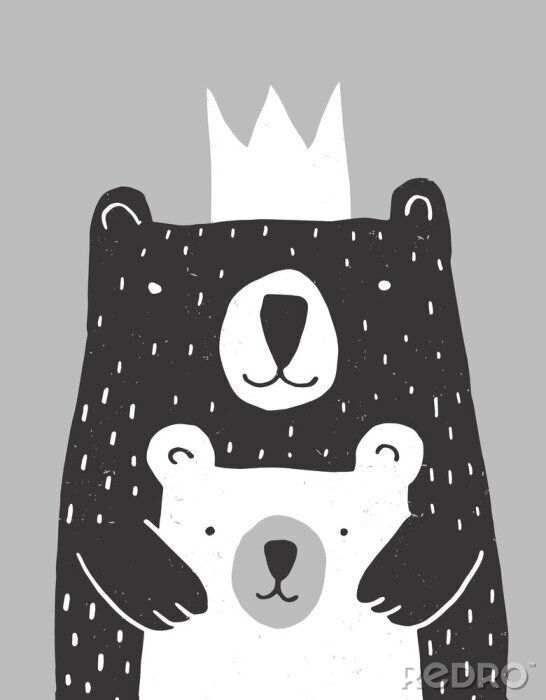Poster  Un ours blanc et un ours noir avec une couronne dans une étreinte