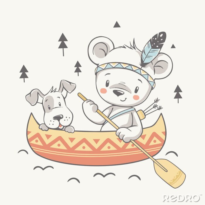 Poster  Un ours en peluche et un chien dans un bateau jaune-orange