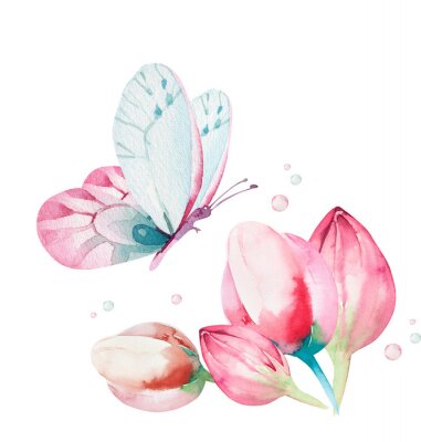 Poster  Un papillon aquarelle volant vers une fleur