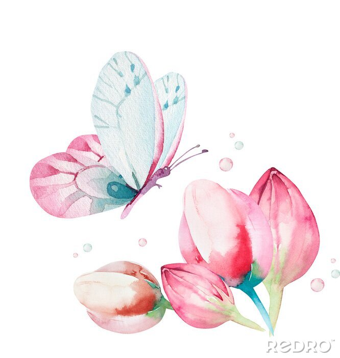 Poster  Un papillon aquarelle volant vers une fleur