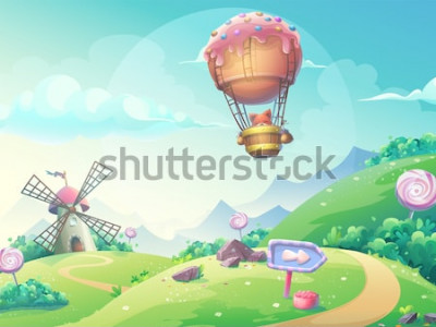 Poster  Un paysage de conte de fées et un ballon volant avec un renard à l'intérieur
