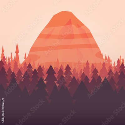 Poster  Un paysage de dessin animé représentant des montagnes et des forêts à la lumière du soleil couchant
