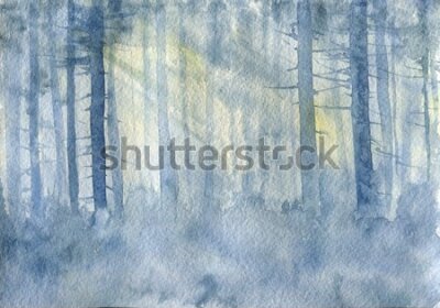 Poster  Un paysage forestier peint à l'aquarelle, où les rayons du soleil filtrent à travers les arbres.