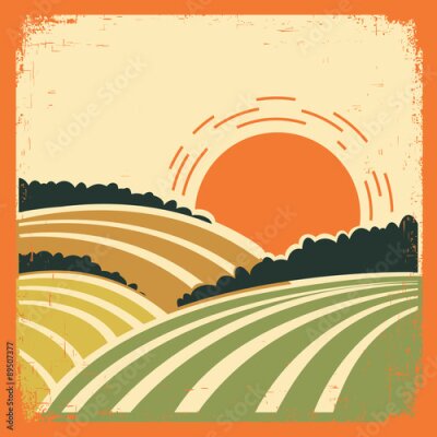 Poster  Un paysage rural de champs dans un style rétro