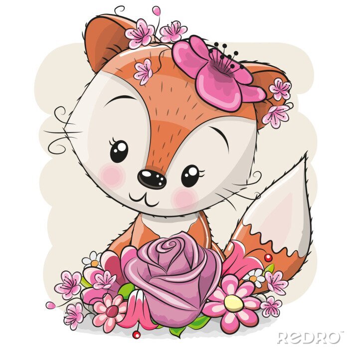 Poster  Un renard avec des fleurs roses sur la tête