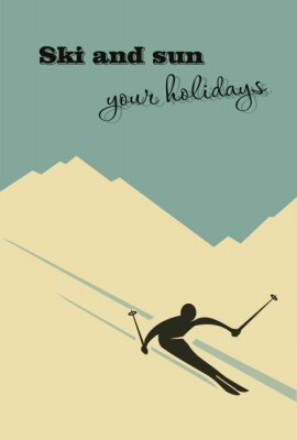 Poster  Un skieur sur une piste, représenté dans un style d'affiche rétro.