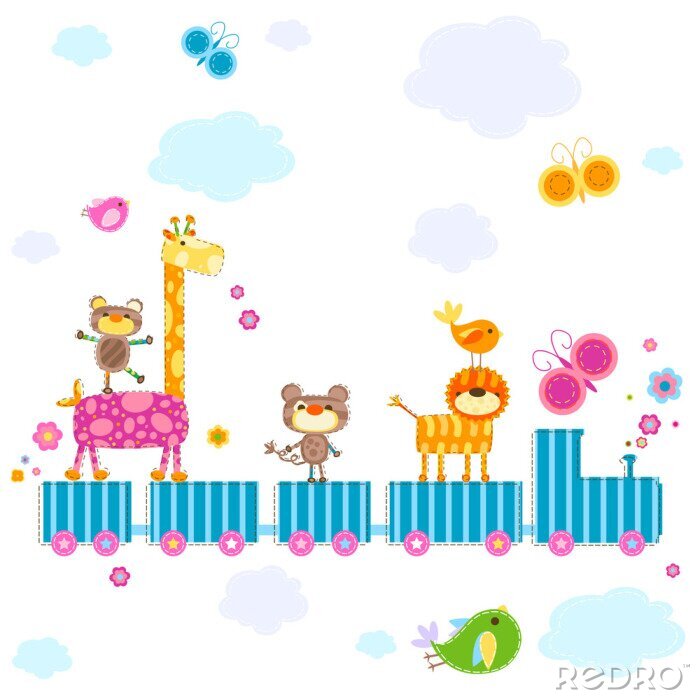 Poster  Un train rayé bleu transportant des animaux