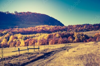 Poster  Un village d'automne avec une colline qui se profile à l'horizon.