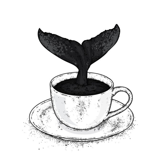 Poster  Une baleine plongeant dans l'eau. Illustration vectorielle pour une carte postale ou une affiche, imprimer pour les vêtements. Mer et océan. Baleine dans la tasse.