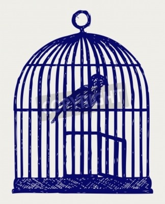 Poster  Une cage en laiton ouvert et oiseau. style Doodle