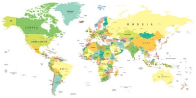 Papier peint  Une carte du monde avec des noms de pays aux couleurs pastel