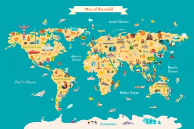 Poster  Une carte du monde dessinée avec des animaux et des monuments nationaux.
