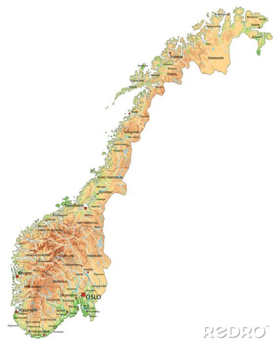 Poster  Une carte physique détaillée de Norvège avec l'étiquetage.