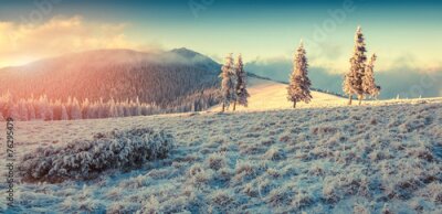 Poster  Une chaîne de montagnes hivernales sous un ciel aux douces nuances de couleurs.