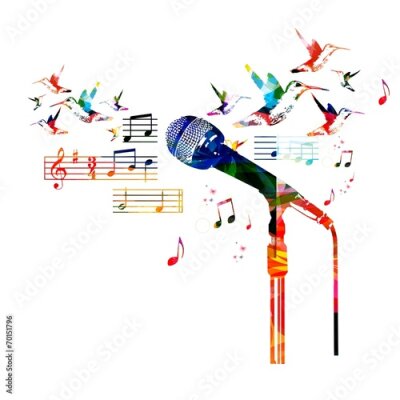 Poster  Une composition colorée avec un microphone et des notes de musique