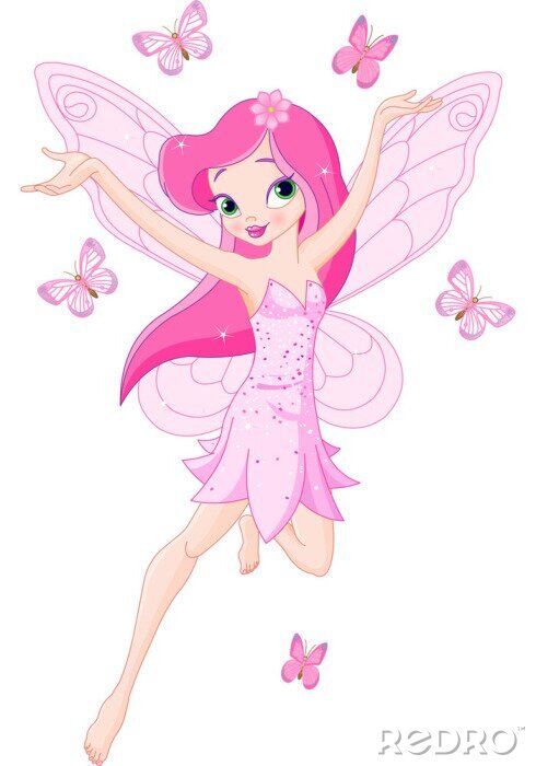 Poster  Une fée ailée aux cheveux roses entourée de papillons