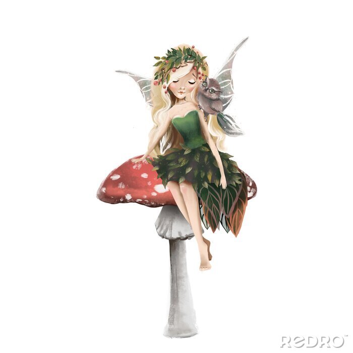 Poster  Une fée assise sur un champignon