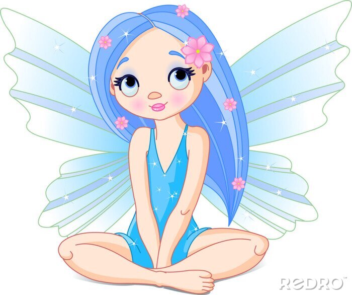 Poster  Une fée aux cheveux bleus assise en tailleur