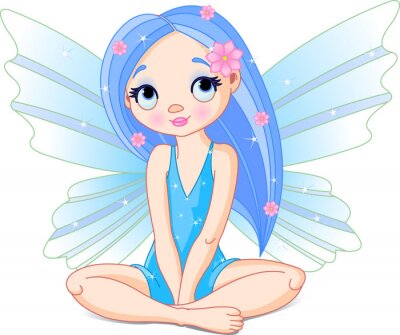 Sticker  Une fée aux cheveux bleus assise en tailleur