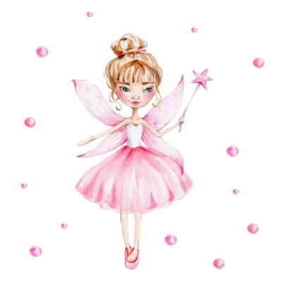 Poster  Une fée en robe rose avec une baguette étoilée