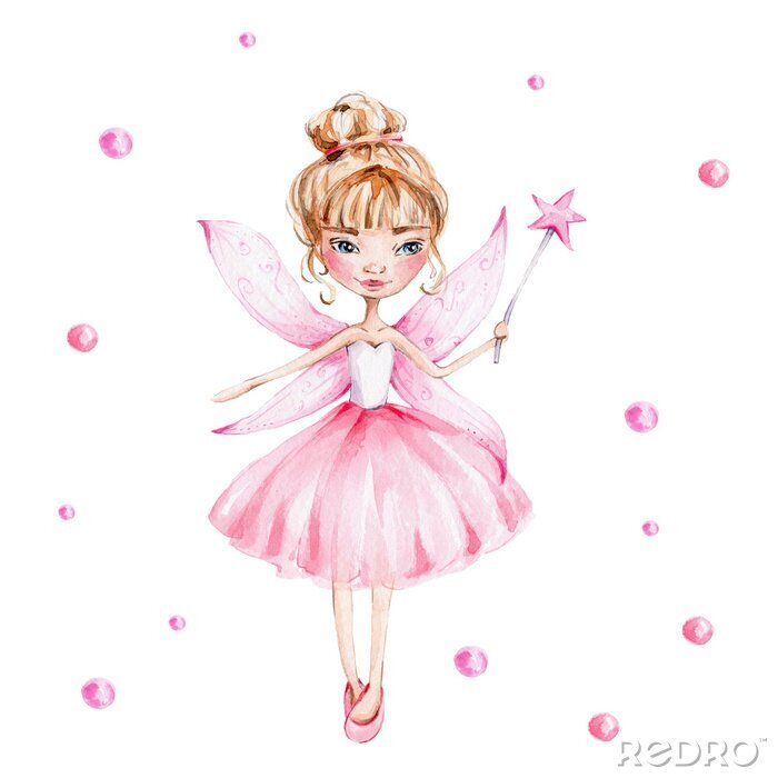 Poster  Une fée en robe rose avec une baguette étoilée