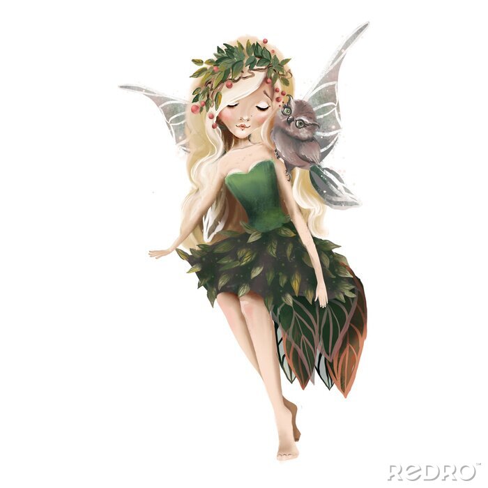 Poster  Une fée en robe verte avec un hibou sur son épaule