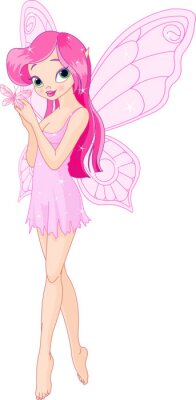 Une fée rose tenant un papillon dans ses mains