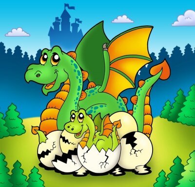 Poster  Une femelle dragon et un bébé dragon éclos d'un œuf