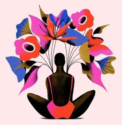Poster  Une femme assise sous de grandes fleurs