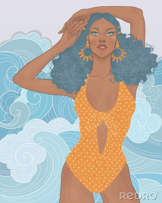 Poster  Une femme aux cheveux noirs sur fond de vagues agitées