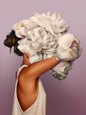 Poster  Une femme immergée dans des fleurs blanches