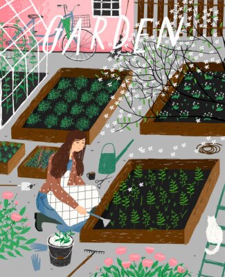 Poster  Une femme qui s'occupe des plates-bandes avec des plantes